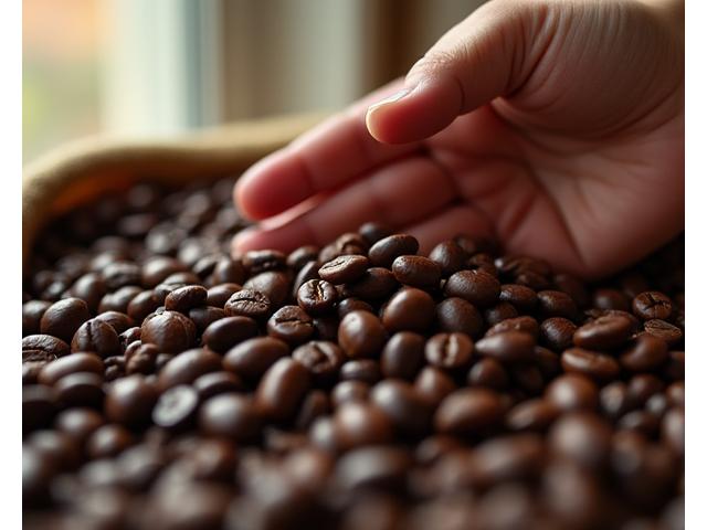 Close-up of fresh coffee beans with a hand gently sifting through them.
