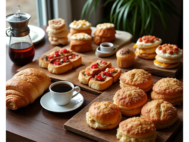 A beautifully arranged catering spread with coffee carafes, pastries, and sandwiches.