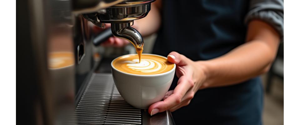 Barista pouring latte art at the coffee machine