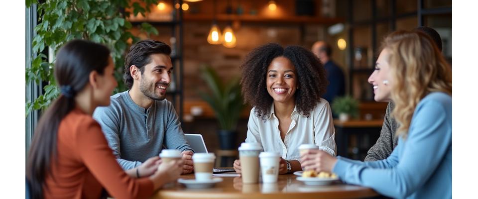 Happy customers enjoying coffee and conversation at a table