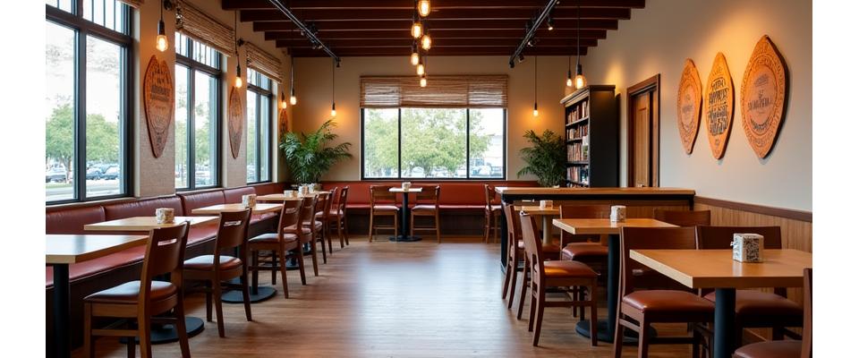 Cozy interior seating area with wooden tables and comfortable chairs
