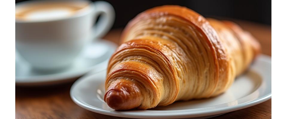 Close-up of a freshly baked croissant and a latte