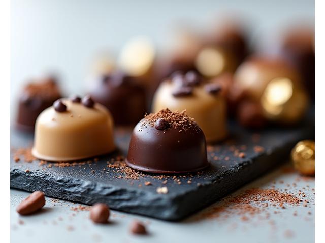 Handmade artisanal chocolates in various shapes and colours, elegantly arranged