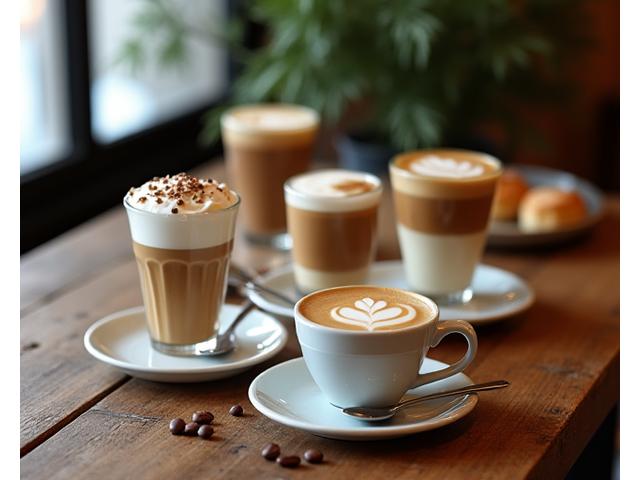 Variety of coffee drinks on a wooden table, warm and inviting atmosphere
