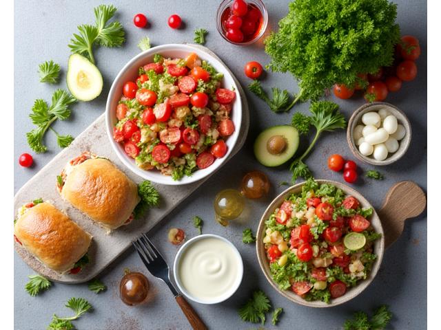Assortment of fresh light lunch items like sandwiches, salads, and wraps on a wooden board