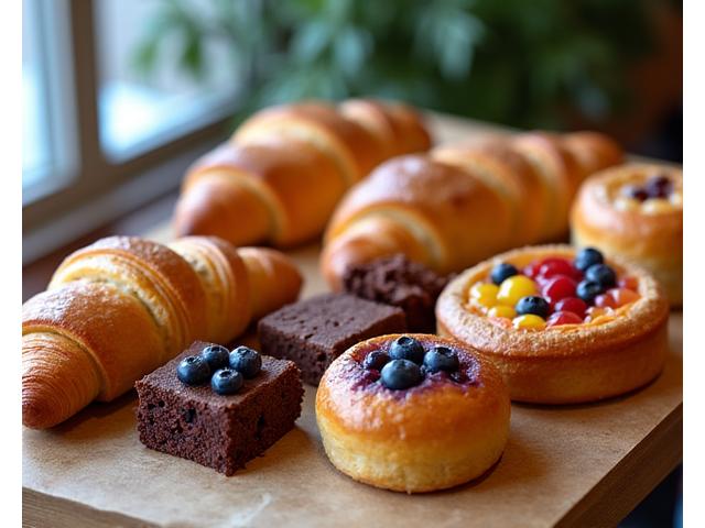 Artisanal pastries on a cafe counter, including croissants, muffins, and brownies