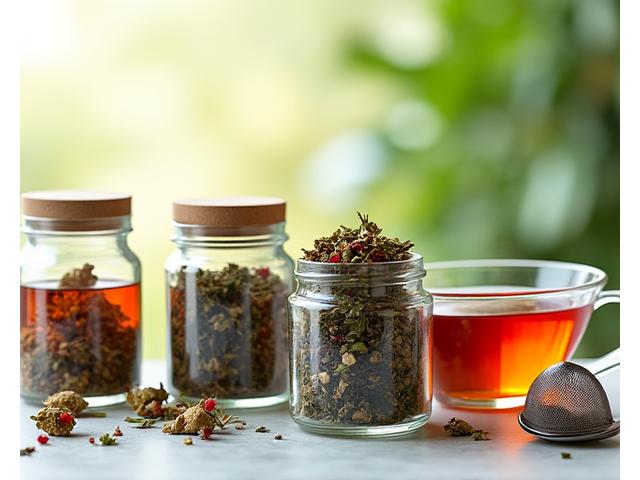 Assortment of vibrant loose leaf teas and herbal infusions in glass jars